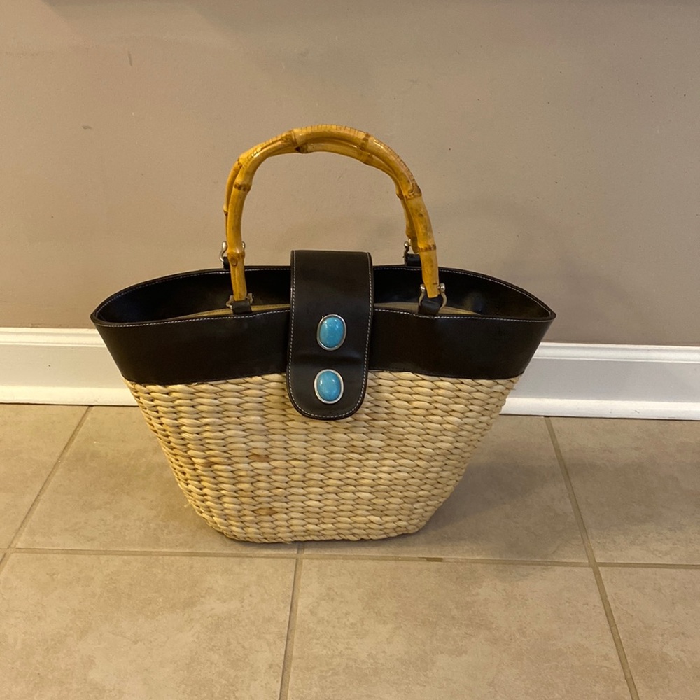 Bamboo handle straw bag